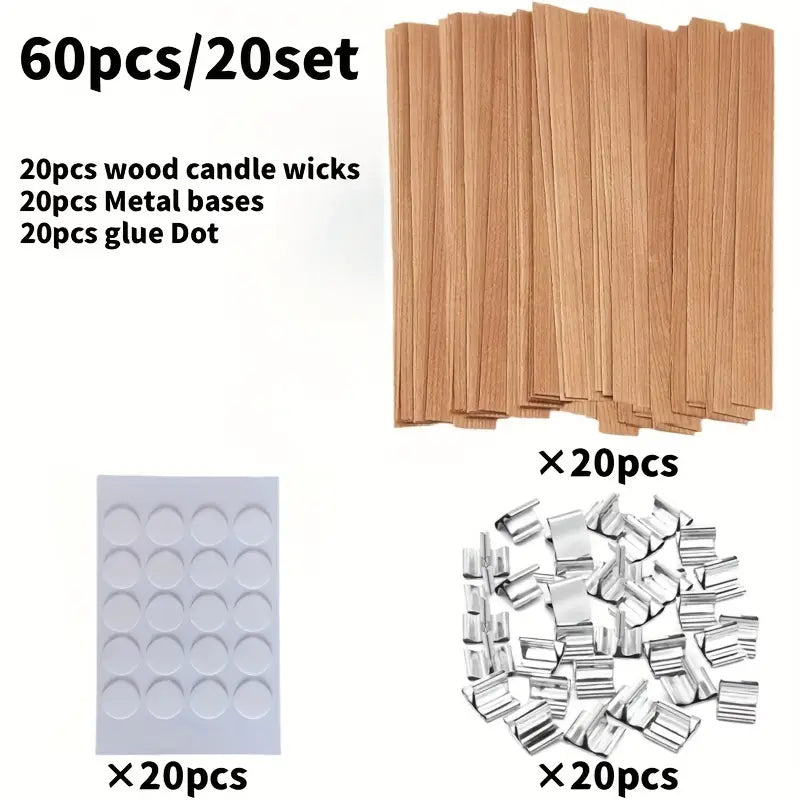DIY-Kerzenherstellungsset – 60-teiliges Set mit Holzdochten, Metallhaltern & Klebepunkten für kreative Gießprojekte