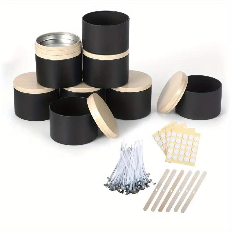 6er-Set Schwarze Kerzendosen – (ca. 120 ml) Matt Schwarz mit Holzmaserungsdeckeln