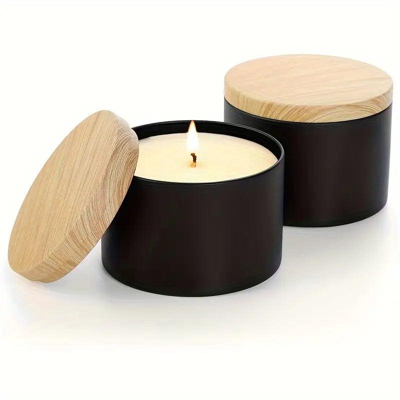 6er-Set Schwarze Kerzendosen – (ca. 120 ml) Matt Schwarz mit Holzmaserungsdeckeln