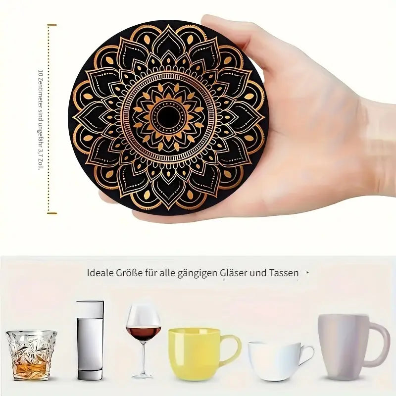 8-teiliges Mandala-Untersetzer-Set aus Holz – Elegante Goldoptik für stilvolle Momente