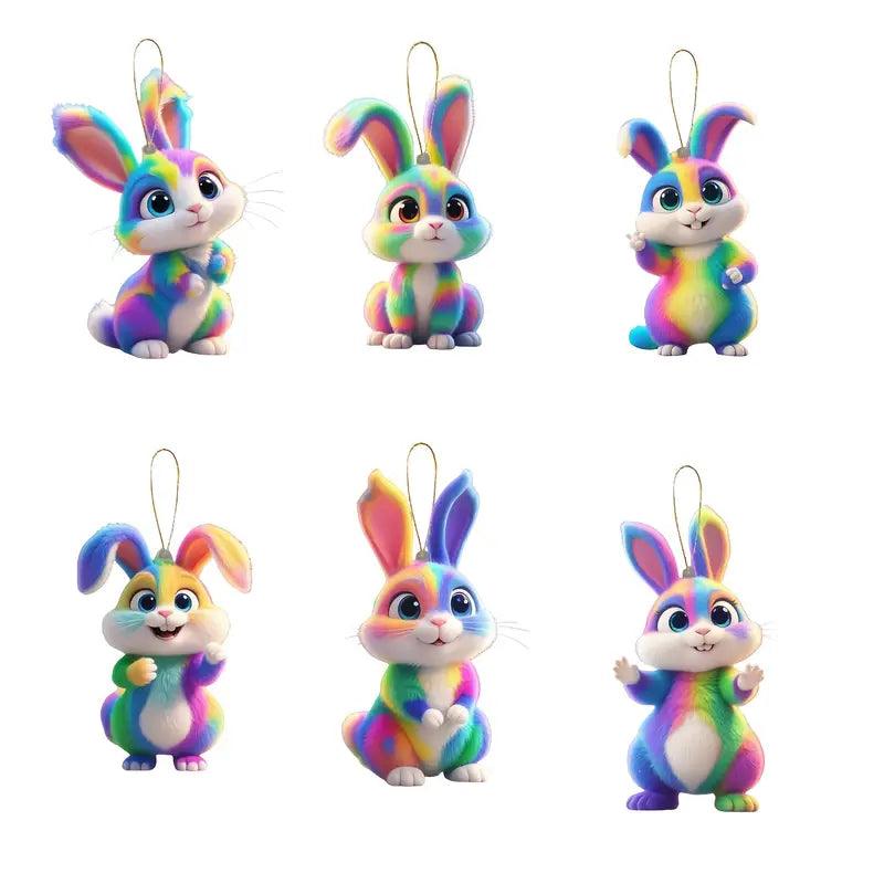 6-teiliges Set: Bunte Osterhasen-Ornamente – 2D Acryl Flach