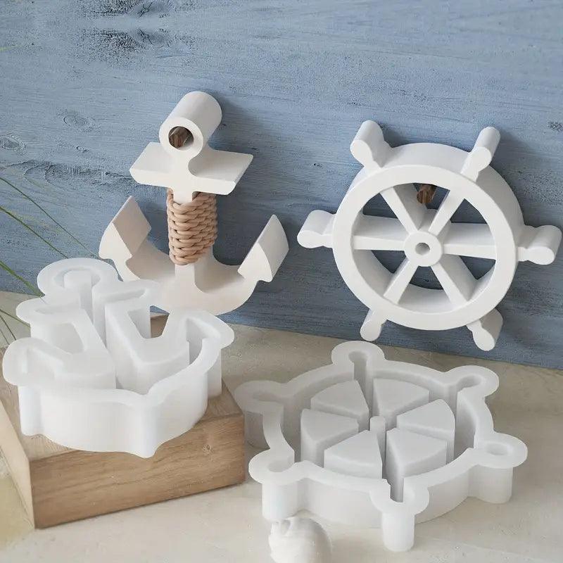 Silikonform für maritime Gipsornamente – Schiffsanker & Steuerrad - BTSCreativ