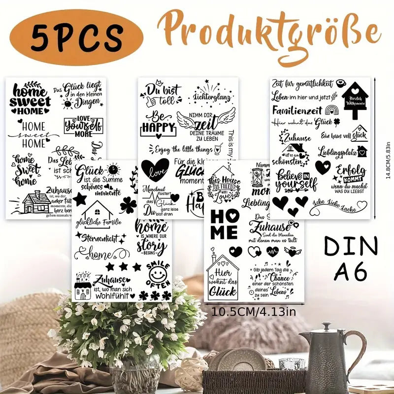Rub-On-Sticker „Glückliches Zuhause“ – 5 Blätter Übertragungsfolie für kreative Wohnideen