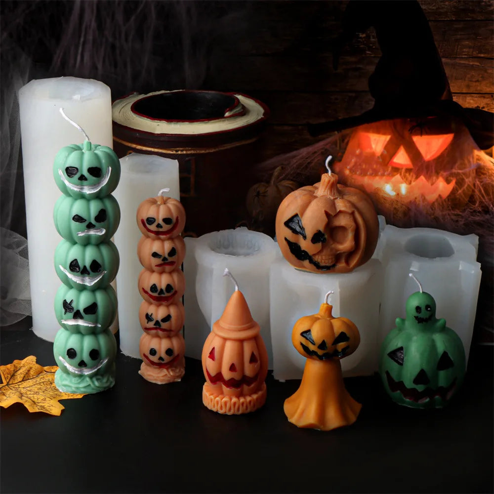 Halloween Silikonform – Gestapelte Kürbis-Kerze & Schädel-Design
