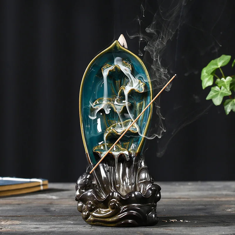 Lotus Wasserfall-Rückfluss-Räucherofen – Keramik-Duftbrunnen für Yoga, Meditation & Wohnambiente