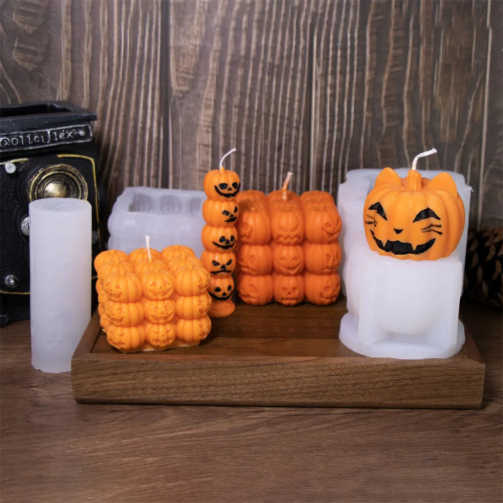 Halloween Silikonform – Gestapelte Kürbis-Kerze & Schädel-Design