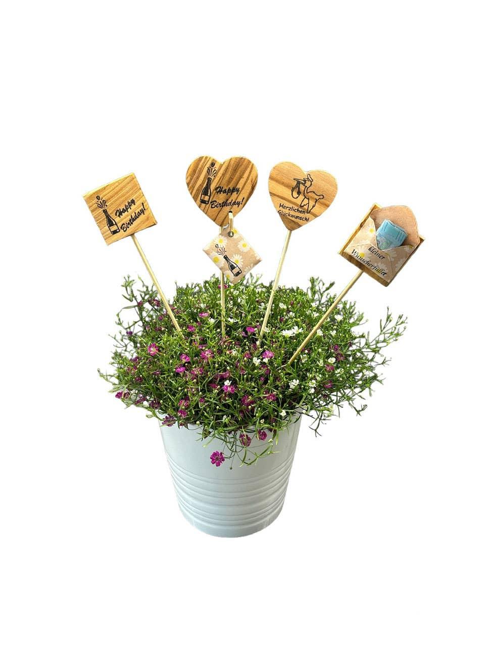 Wunscherfüller Blumenstecker Herz Geburtstag aus Olivenholz - BTSCreativ