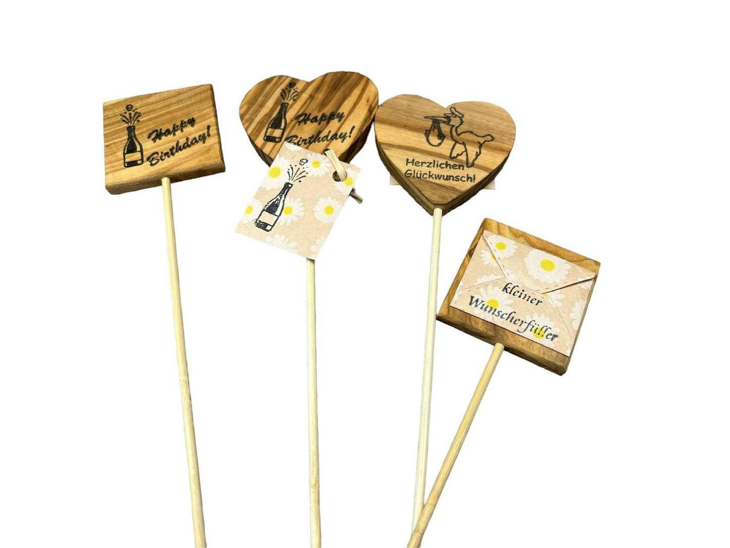 Wunscherfüller Blumenstecker Herz Geburtstag aus Olivenholz - BTSCreativ