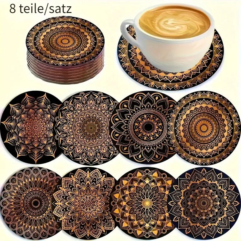 8-teiliges Mandala-Untersetzer-Set aus Holz – Elegante Goldoptik für stilvolle Momente