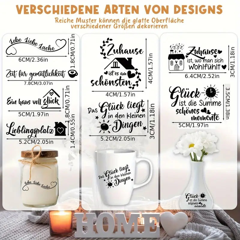 Rub-On-Sticker „Glückliches Zuhause“ – 5 Blätter Übertragungsfolie für kreative Wohnideen