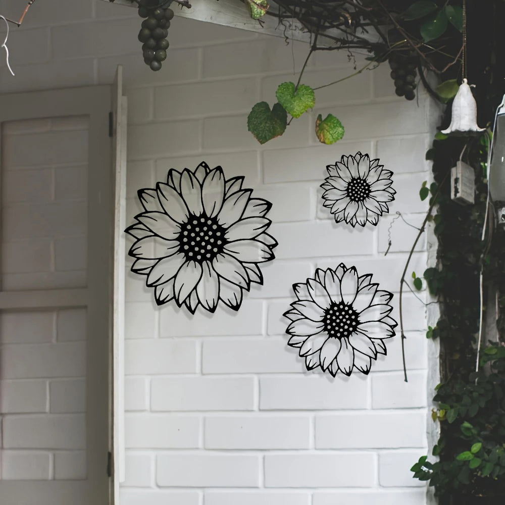 3-teilige Metall-Sonnenblumen-Wanddekoration – für Garten, Terrasse & Balkon
