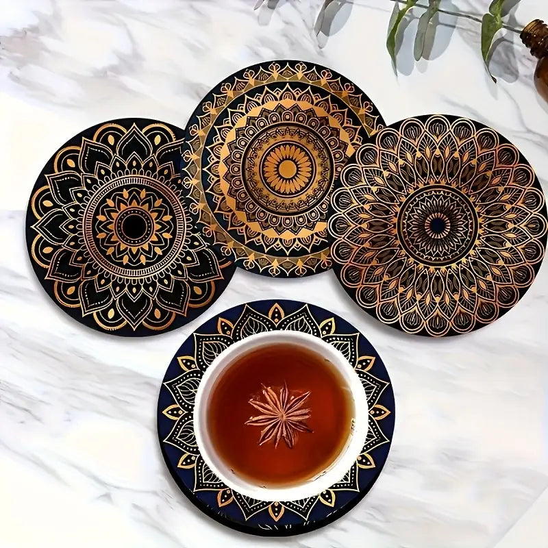 8-teiliges Mandala-Untersetzer-Set aus Holz – Elegante Goldoptik für stilvolle Momente