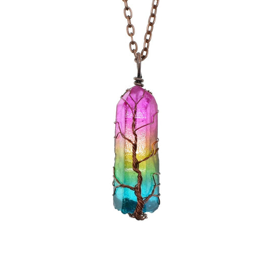 Kristall-Anhänger „Baum des Lebens“ – Naturstein-Säule mit Lebensbaum als Kette | Spiritueller Schmuck in Boho-Optik