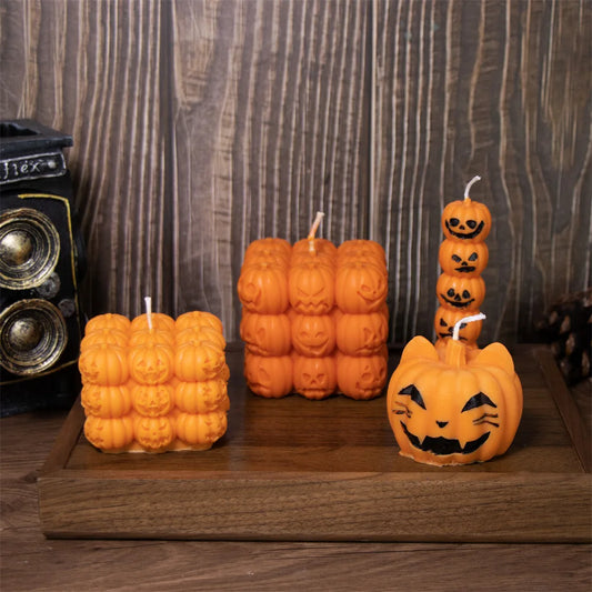 Halloween Silikonform – Gestapelte Kürbis-Kerze & Schädel-Design