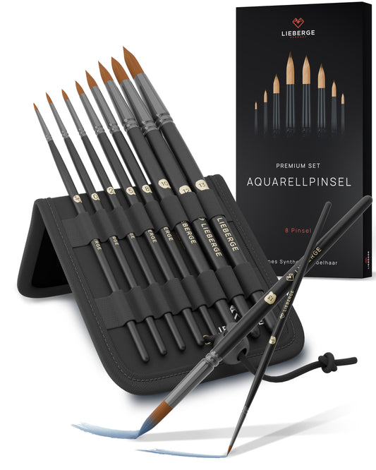 LIEBERGE PREMIUM SET Aquarellpinsel (8 Pinsel) im Aufstell-Etui